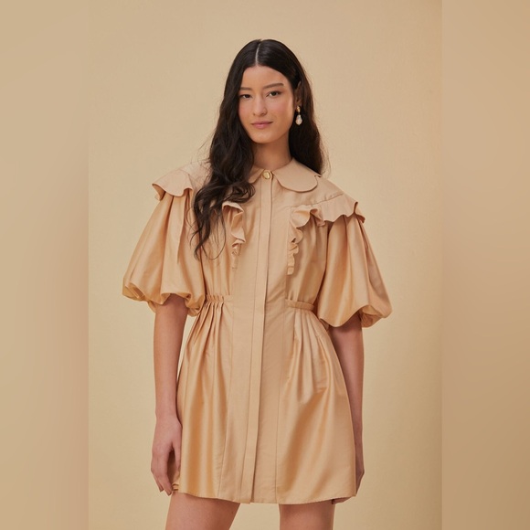 New! FARM Rio Beige Short Puff Sleeve Mini Dress 💛 Large NWOT - Picture 3 of 16